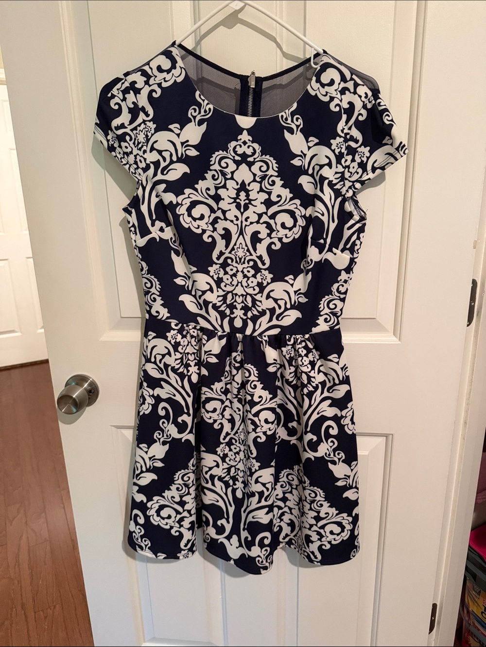 B Darlin Navy and White Damask Fit & Flare Mini Dress